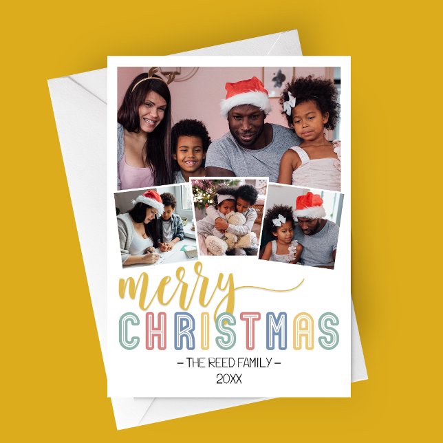 Carte photo de Noël Pastel Multi-Photo (Pastel Merry Christmas Family Photo Card | 4 Photos)