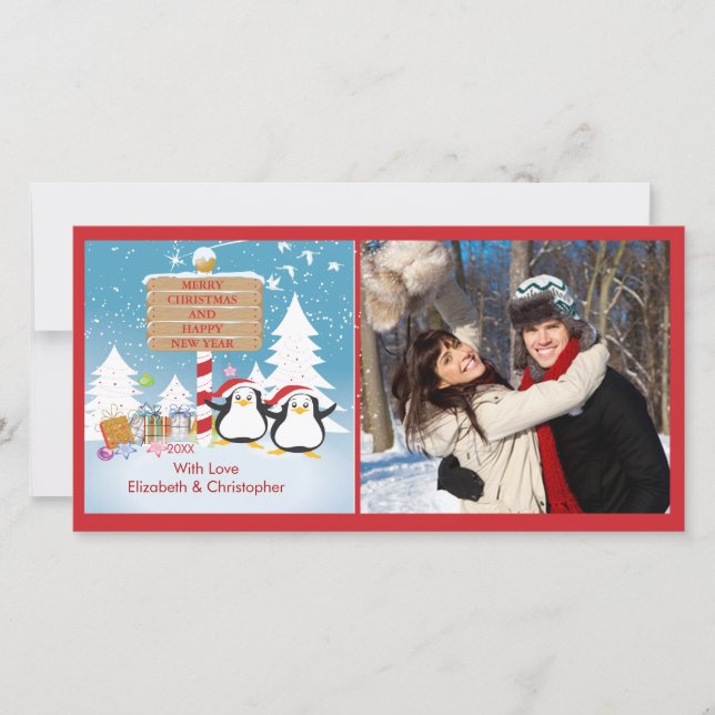 Carte photo de Noël Pingouin Famille De 2 Fêtes (Devant)