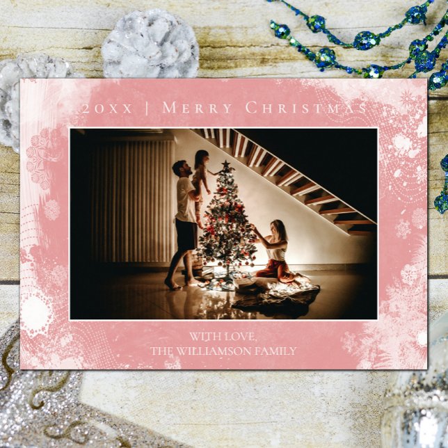Carte photo de Noël Pink Frosted Snowflakes (Pink Frosted Snowflakes Photo Christmas Card)