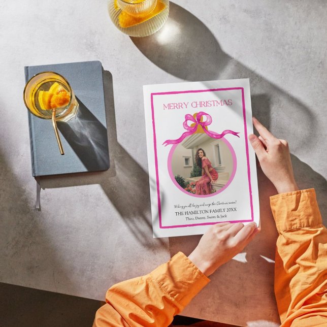 Carte photo de Noël Pop of Pink Bow Coquette (Créateur téléchargé)