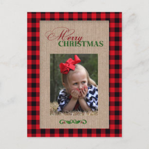 Carte photo de Noël Red Plaid et Burlap