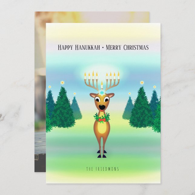Carte photo de Noël Reindeer Menorah Hanoukka (Devant / Derrière)