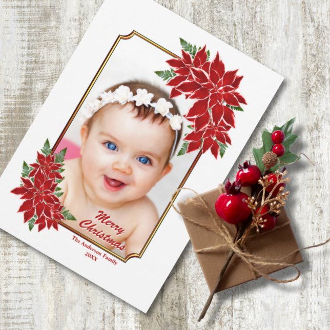 Carte photo de Noël Rouge Poinsettie Bordure blanc (Créateur téléchargé)