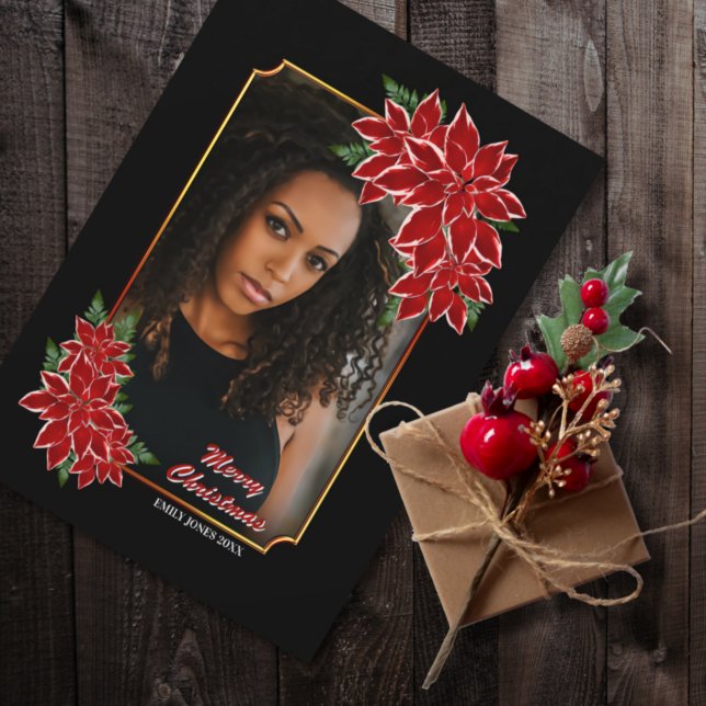 Carte photo de Noël Rouge Poinsettie Bordure noire (Créateur téléchargé)