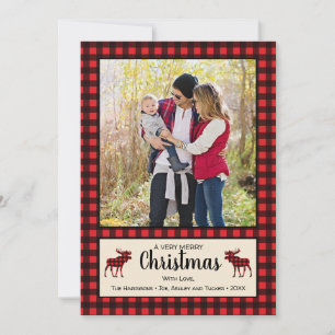 Carte photo de Noël Rustique Buffalo Plaid & Moose