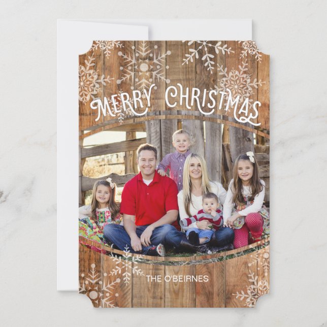 Carte photo de Noël rustique, Snowflakes sur bois (Devant)