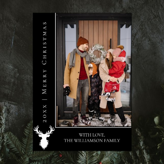 Carte photo de Noël simple Reindeer | Noir (Black Simple Reindeer Christmas Photo Card)