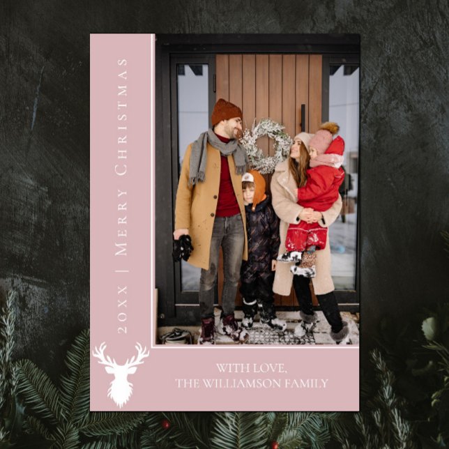 Carte photo de Noël simple Reindeer | Rose (Pink Simple Reindeer Christmas Photo Card)