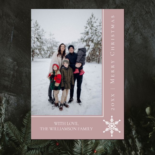 Carte photo de Noël simple Snowflon | Rose (Pink Simple Snowflake Christmas Photo Card)