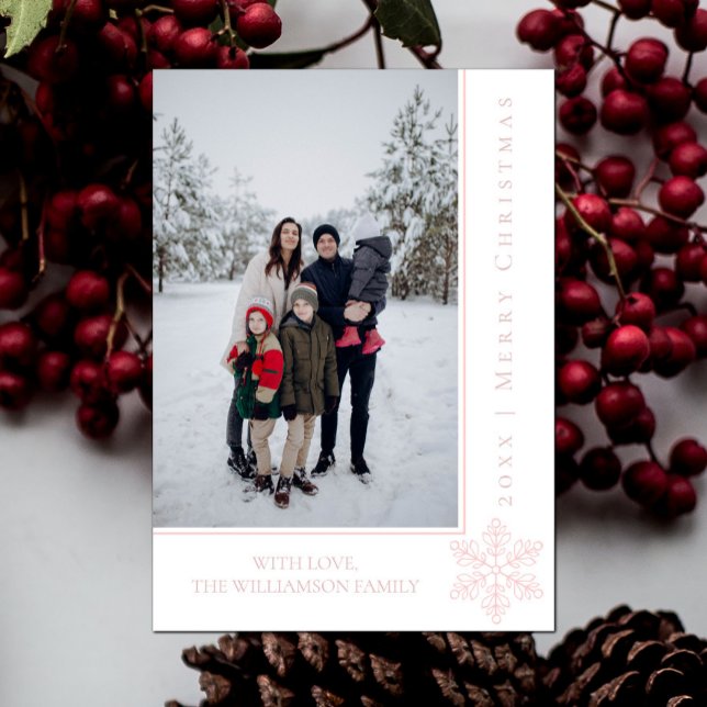 Carte photo de Noël Snowflake moderne | Rose (Pink Modern Snowflake Christmas Photo Card)