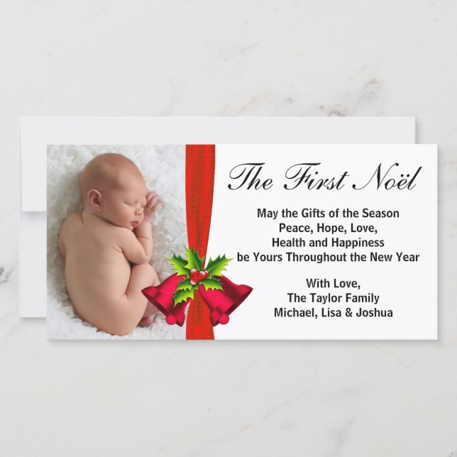 Carte photo de premier Noël de bébé Cloches Rouges (Devant)