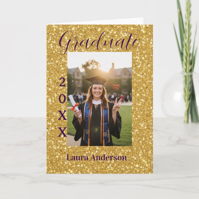 Carte photo de remise de diplôme avec paillettes dorées  (Devant)
