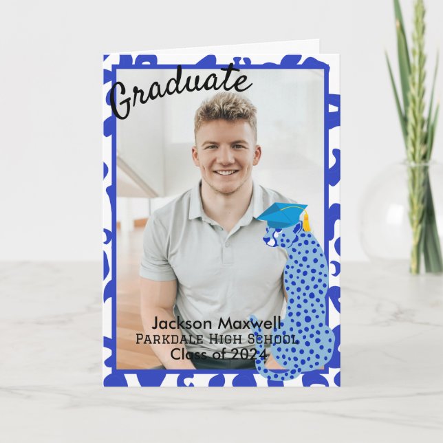 Carte Photo de remise de diplôme Imprimé léopard bleu (Devant)