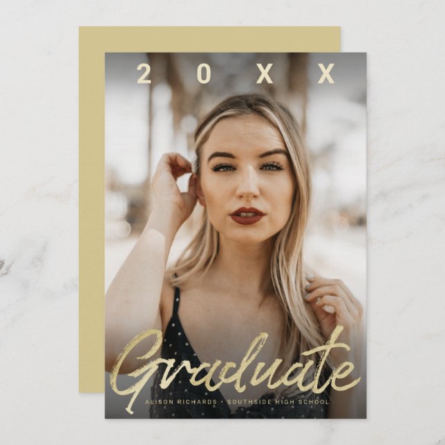 Carte photo de script de brosse or ultra moderne (Devant / Derrière)