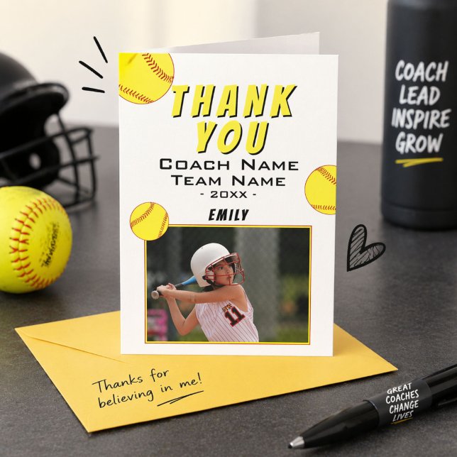Carte photo de softball jaune Merci Coach (Créateur téléchargé)