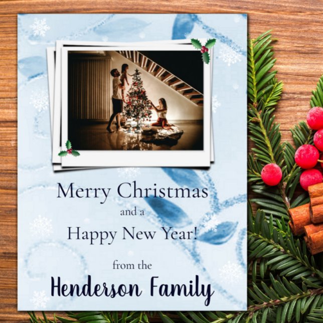 Carte photo de vacances à plat Feuille bleu (Blue Leaves Flat Holiday Photo Card)