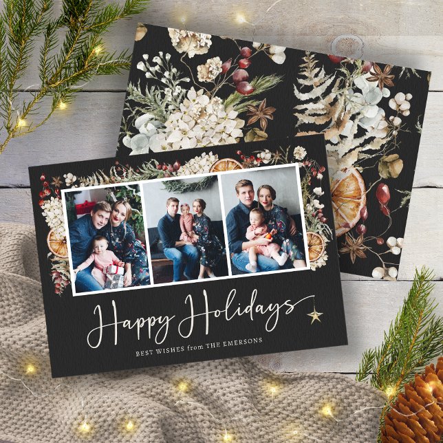 Carte Photo de vacances botaniques joyeuses (Elegant Black Boho Rustic Botanical Christmas 3 Photos Holiday Card by Painted Paperie)