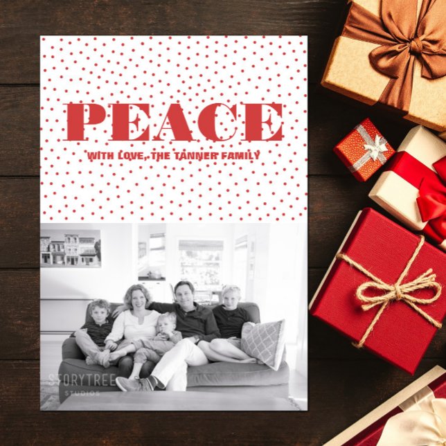 Carte photo de vacances de la Paix Pointe | Rouge (Dotted Peace Holiday Photo Card - Red)