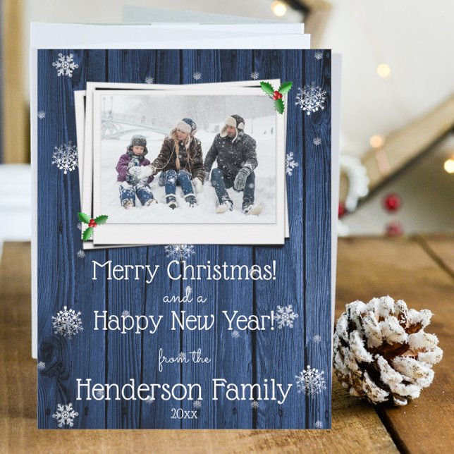 Carte photo de vacances en bois bleu rustique (Blue Rustic Wooden Christmas Photo Card)