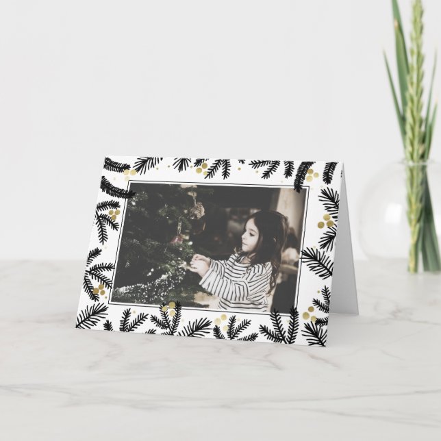 Carte Photo de vacances moderne Black & Gold Pine et Ber (Devant)