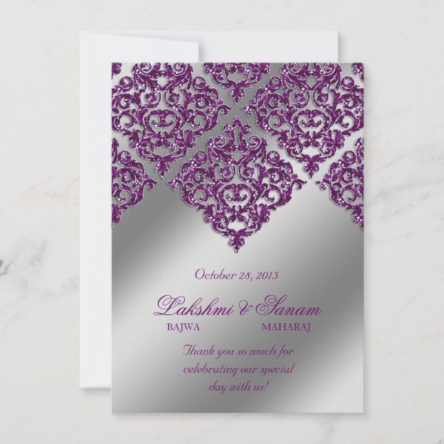 Carte photo d'invitation Damask argenté violet sci (Devant)
