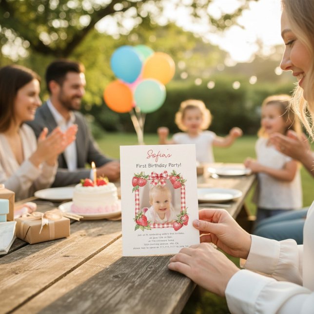 Carte photo douce fraise Premier Anniversaire (Créateur téléchargé)