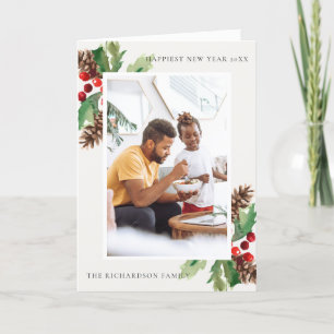 CARTE PHOTO DU NOUVEL AN ROUGE GREEN HOLLY BERRY PINE CO