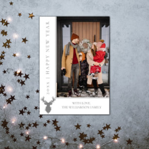 Carte photo du Nouvel An simple Reindeer Blanc