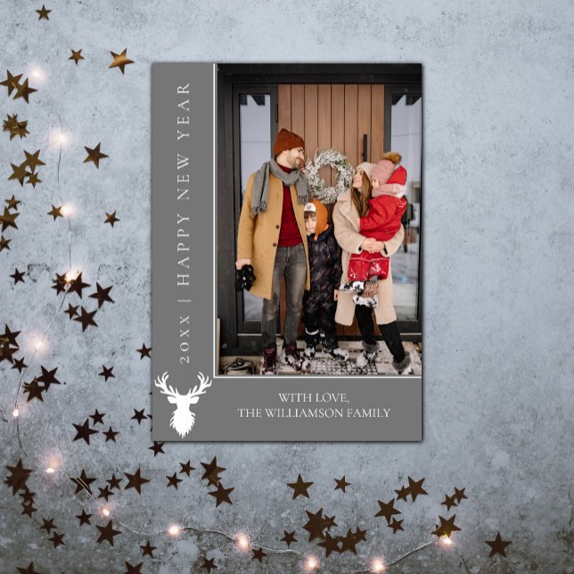Carte photo du Nouvel An simple Reindeer | Gris (Simple Reindeer New Years Photo Card - Gray)