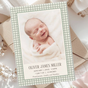 Carte photo Faire-part de naissance bébé En vichy 