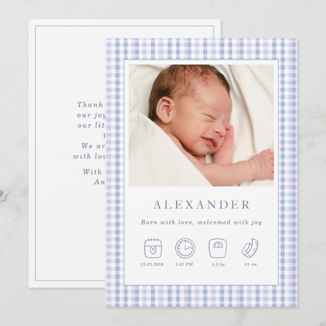 Carte photo Faire-part de naissance En vichy garço (Devant / Derrière)