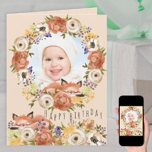 Carte Photo Floral Wreath avec Woodland Fox Birthday