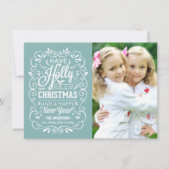 Carte photo gai de bleu d'hiver de Noël de houx (Devant)