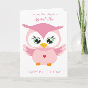 Carte Photo Grandaughter First Birthday Cute Pink Owl