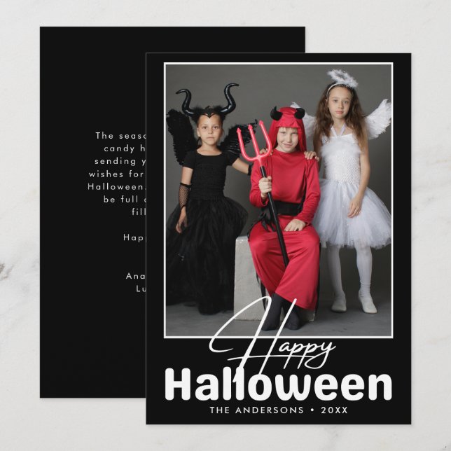 Carte Photo Halloween moderne en noir et blanc (Devant / Derrière)