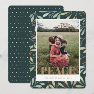 Carte photo Holly Berry Green Gold Peace Christmas
