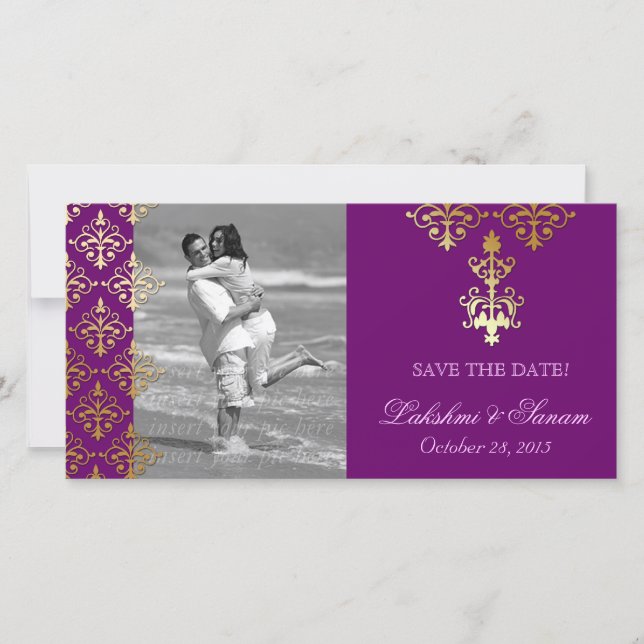 Carte photo indien Enregistrer la date Damask Purp (Devant)