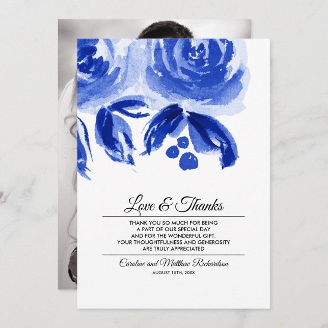 Carte photo Mariage de Merci Royal Blue Floral (Devant / Derrière)