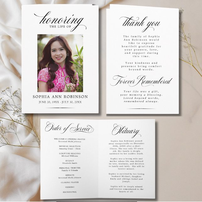 Carte Photo Modern Memorial Order of Service Program  (FRONT,  INSIDE & BACK OF MEMORIAL PROGRAM  )