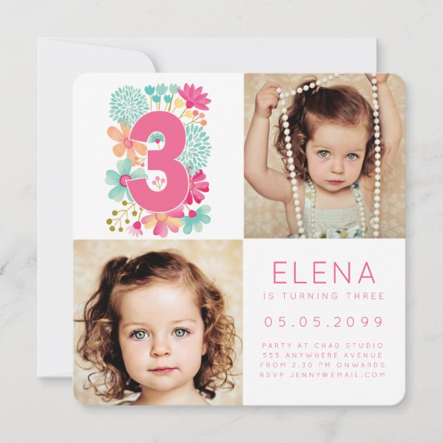 Carte photo moderne pour les trois ans d'une fille (Devant)
