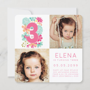 Carte photo moderne pour les trois ans d'une fille