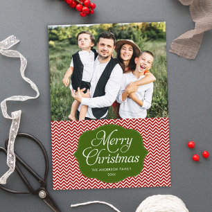 Carte photo moderne Red Green Chevron Christmas