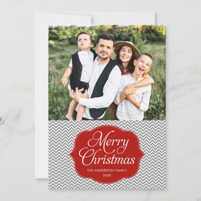 Carte photo moderne Red Grey Chevron Christmas (Devant)