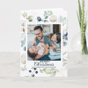CARTE PHOTO NOËL JOYEUX FLEURS BLEUES BLANCHES