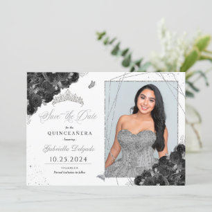 Carte photo Noir & Argent Quinceañera Enregistrer