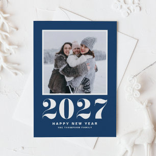 Carte photo Nouvel An 2027 typographie rétro bleu