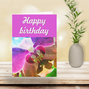 Carte Photo Orchidée rose Joyeux Script d'anniversaire