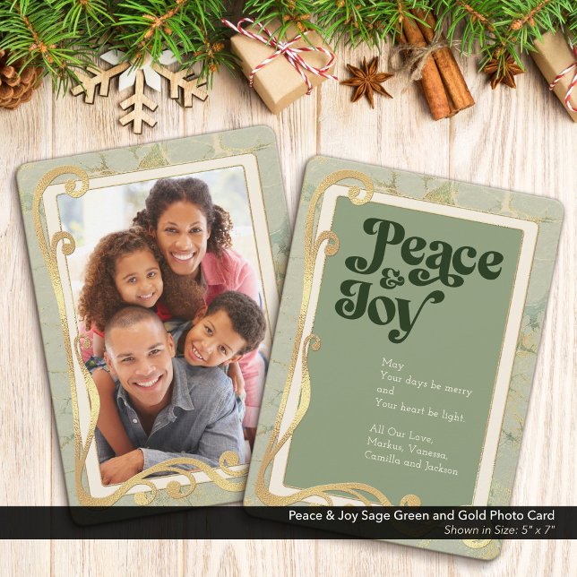 Carte photo Paix & Joie Vert Sauge et Or (Peace & Joy, Sage Green and Gold Holiday Photo Greeting Card)