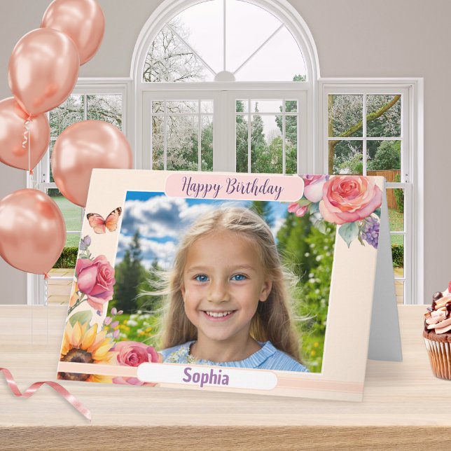Carte Photo Personnalisée Joyeux Anniversaire Plutôt Flo (A very pretty birthday card with summer flowers, to personalize with a name and photo)