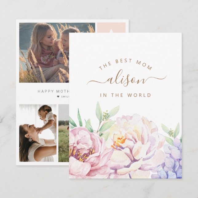 Carte photo personnalisée pour maman avec fleurs (Devant / Derrière)